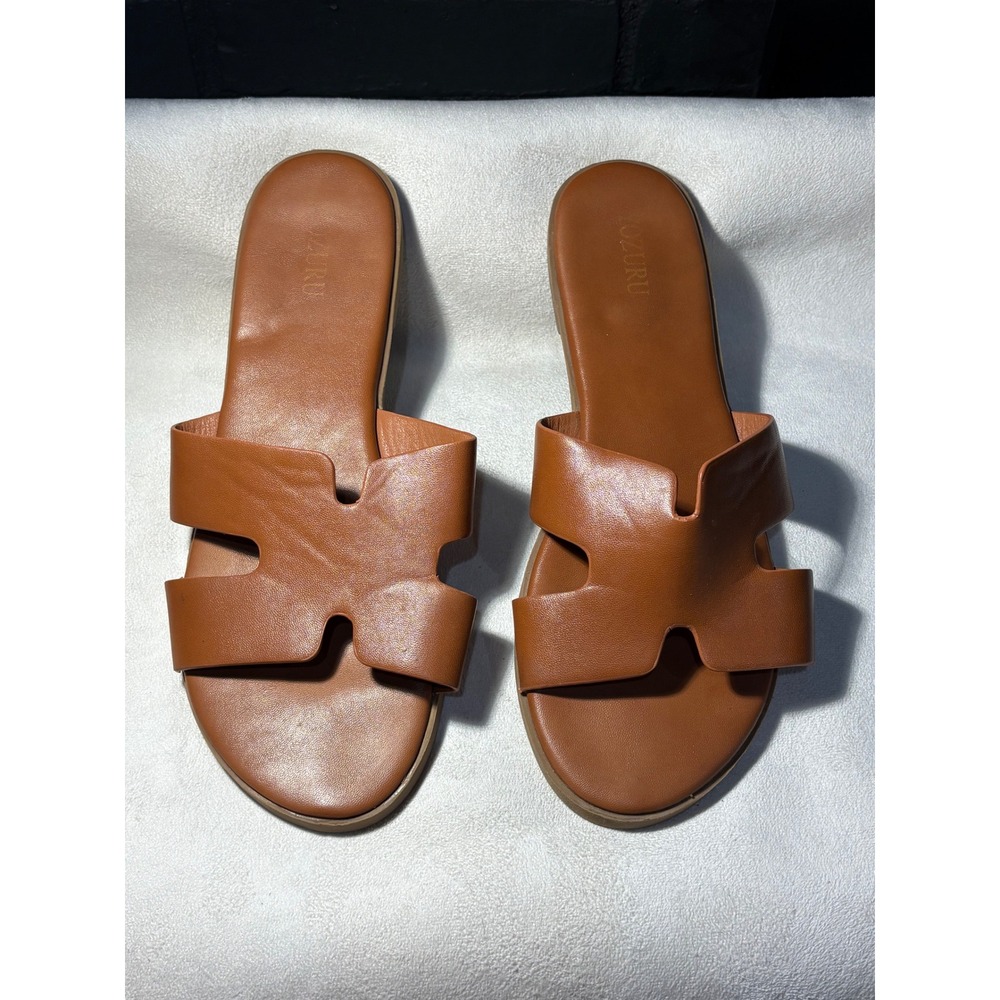 Jozuru Tan Slide Sandals H Cutout Flat Cognac Brown Women Size 42 11 US